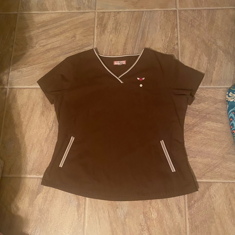 Koi brown Ashley scrub top sporty crossover v neck stripe trim